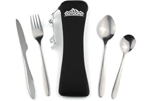 ‎OUTDORO Outdoro camping cutlery and travel utensils, made of stainless steel with a neoprene pouch, ideal cutlery set for outdoor and travel, black
