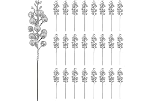 RXXR 25 Stück Künstliche Silber Beeren Pflücken Glitzer Silber Beeren Zweige Weihnachtsbeeren Stiel Picks für Weihnachtsbaum DIY Basteln Hochzeit Ferienzeit Winter Dekoration