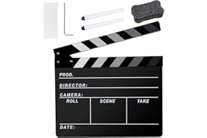 Ribvane Film Directors Clapboard, Move Slate Photography Video TV Cut Action Scene Acrylic Clapper Board Props with a Magnetic Blackboard Eraser, Two Custom Pens, Cleaning Cloth and Hex Wrench (Black)