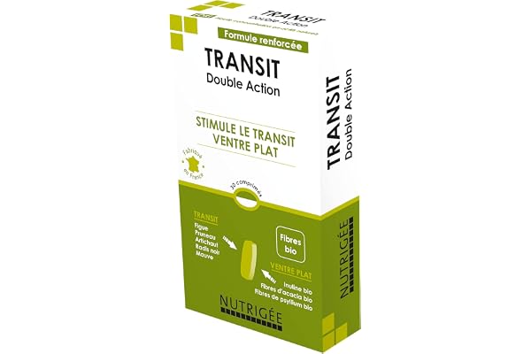 NUTRIGÉE - Transit Double Action - Paresse Intestinale - Ventre Plat - Facilite La Digestion, Régénère La Flore, Régule Le Transit - 1 à 3 Prises/Jour - 30 Comprimés - Fabriqué en France