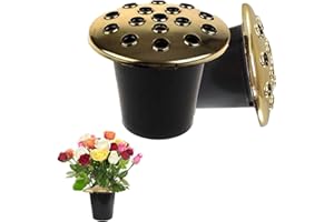 Caliko Grave Flower Holders Set of 2, Memorial Vases for Graves with Gold Lids, Strong Plastic Grave Flower Pots Insert in Grave-side, Grave Vase for Grave Decorations
