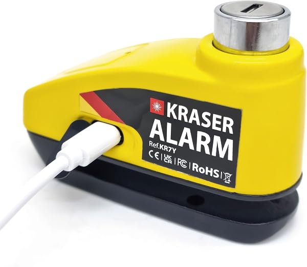 KRASER KR7Y Candado Moto Disco con Alarma 110dB Batería Recargable USB, Sensor Movimiento, Impermeable Resistente Visible, Accesorios, Antirrobo Moto Cepo Pinza Freno Bloqueo 7mm Universal - 1
