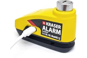 KRASER KR7Y Candado Moto con Alarma 110dB Batería Recargable USB, Sensor Movimiento, Impermeable Resistente Visible, Accesorios, Antirrobo Moto Cepo Pinza Freno Bloqueo 7mm Universal