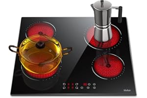 Hobsir hob Ceramic Hob 60 cm Electric Hob 4 Zone with Touch Control 6000W 9 Power Levels Safety Lock Auto switch off safety Residual heat indicator Hard Wire, No Plug Included