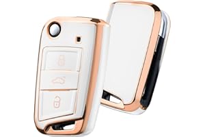 OATSBASF Car Key Cover for VW Golf 7 Key Box/Key Case Cover for VW, Polo, Skoda, Seat, 3 Buttons (gold trim-white)