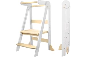SOFTHOM Lernturm Klappbar ab 1 Jahr,Montessori Learning Tower für Kinder, Lernturm aus Holz mit Kippschutz, Höhenverstellbar, Geeignet für Kindertritthocker in Küche, Esstisch und Bad Grau