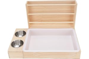PUNELE 3 I 1 Kaninmatare med Kullbox och 2 Skålar Guinea Manger Grass Food Rack Multifunktionell Trämatare Stor Kapacitet Ant