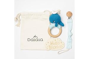 DALALA Regalo Bebe Recien Nacido Niño Niña Original Sonajero Ganchillo Hecho a Mano en Algodon y Madera Chupetero Juguete Estimulación Montessori Ideal como Regalo Nacimiento Cumpleaños Bautizo