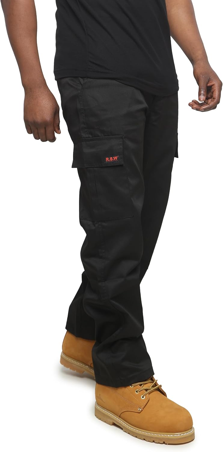 R.S.W RAPID SAFETY WORKWEAR Black Multi Pocket Combat Men's Work Trousers - Mens Work Pants Size 30 to 42 - Black & Navy Work Trousers, 3 Leg Sizes
