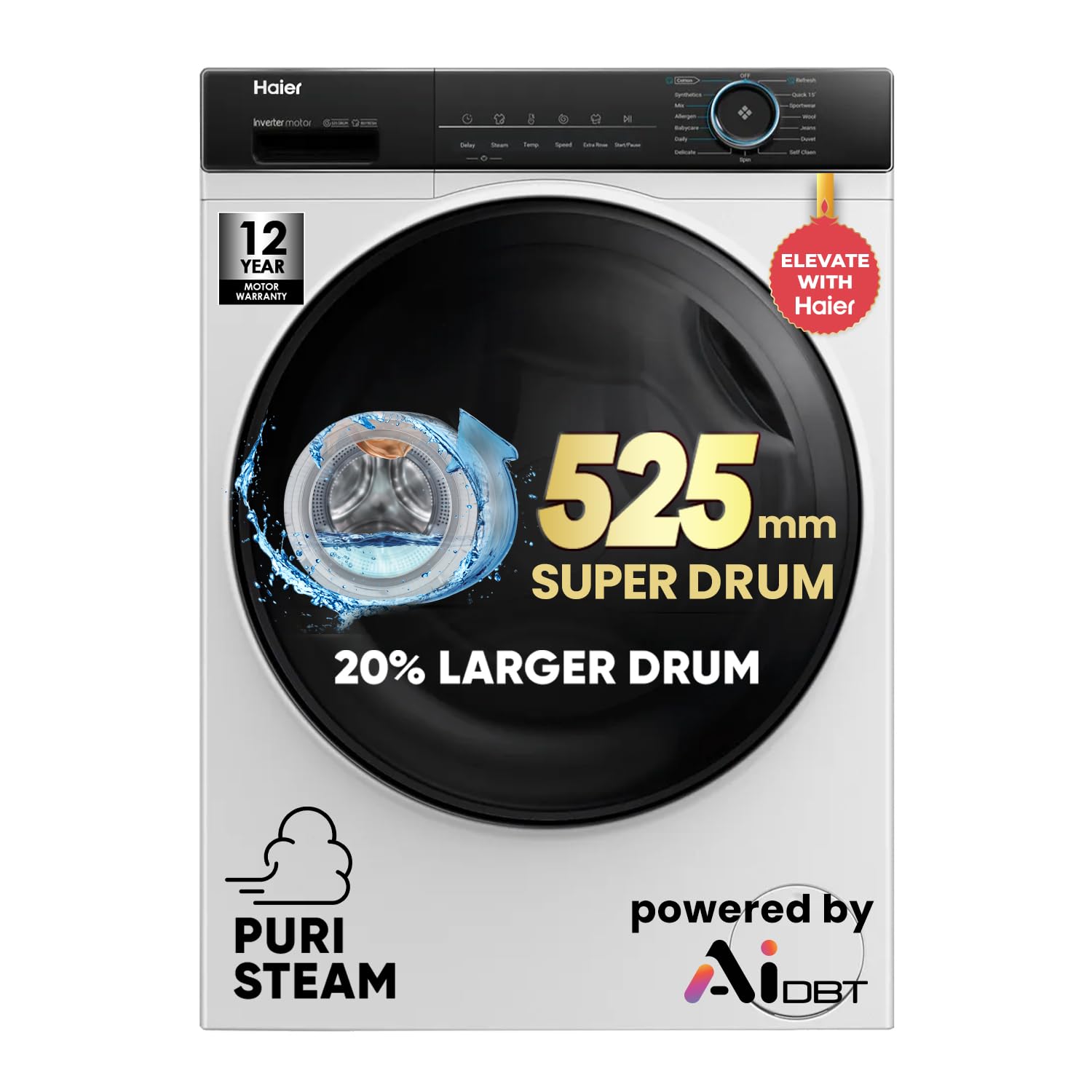 Haier 8 kg 5 Star Powered by AI-DBT with PuriSteam, 525mm Super Drum, Inverter Motor with In-Built Heater Fully Automatic Front Load Washer (HW80-IM12