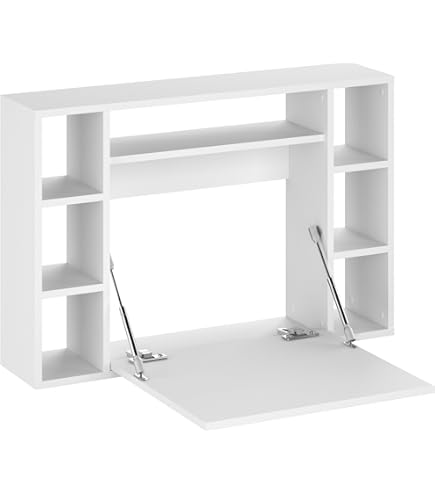 Huisenuk Wall Mounted Folding Laptop Table Floating For Bedroom Kitchen Space Saving, Foldable Wooden Modern Computer Desk Workstation Small Desk Foldable With Metal Support (White