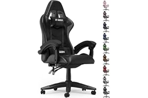 bigzzia Silla Gaming,Silla Ergonómica de Oficina en Cuero PU,Regulable en Altura con Soporte Lumbar y Reposacabezas,Respaldo Reclinable 155°,Silla Gamer Adulto Niño(Negro)