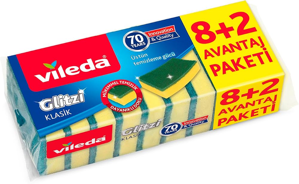 Vileda 161919 Düz Hijyenik Bulaşık Süngeri, 8+2'li Promosyon Paket, Yeşil