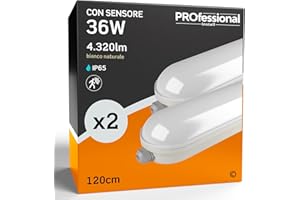 Eurocali Plafoniera LED 120 cm 36W Con Sensore di Movimento 4320 lumen Impermeabile IP65 Luce Naturale 4000K Elevata Efficienza - Pacco da 2