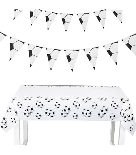 Décoration De Fête Football - Nappe Rectangulaire 137x274 Cm + Fanions + Sacs Cadeaux | Lot De 7 Pièces | Imperméable Et Recyclable