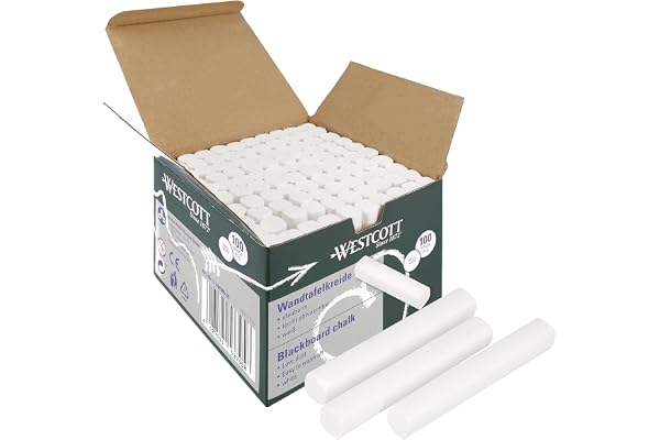 Westcott Craies 100 pièces blanches | Lot économique Craies pour tableau noir de 1,2 cm de diamètre en blanc opaque | peu poussiéreuses et faciles à effacer | craies de 8,5 cm de long | E-744986 00