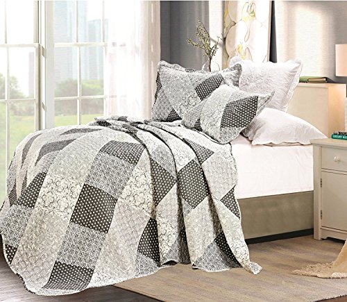 3PC Microfibre Geometric Pattern Patchwork Quilted Bedspread Comforter Set Available In 4 Sizes (Super King, Grey)