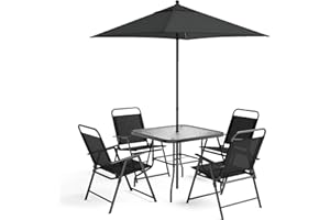TANGZON 5/6 Pieces Outdoor Folding Dining Set, Patio Glass Table and 4 Foldable Chairs with Parasol, Garden Furniture Set for Backyard Poolside Porch Balcony (6 PCS with Parasol)