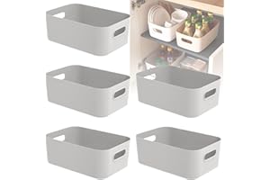 W&H 5 PCS Grey Plastic Storage Baskets with Handle, Rectangular Kitchen Organiser, Small Baskets for Storage, Plastic Boxes for Kitchen, Fridge, Cupboard, Office, School and Home - 8.2×5.5×2.7 Inch