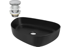 ML-Design Waschbecken aus Keramik Schwarz 55x42x14 cm Oval inkl. Ablaufgarnitur, Moderne Aufsatzwaschbecken, Design Waschtisch Aufsatz-Waschschale Waschplatz Handwaschbecken, für Badezimmer/Gäste-WC
