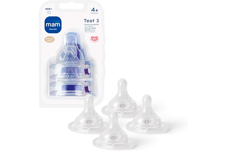 MAM Teats Size 3 | 4 Pack | Fast Flow | Suitable from 4+ Months | Fits All MAM Bottles | Made from SkinSoft Silicone | Baby Accessories