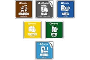 EVM Set Adesivi in PVC Morbido, 6 pz. Impermeabili, Lavabili per Raccolta Differenziata Riciclaggio rifiuti Italiano e Inglese (8 x 8 cm - Full Color)
