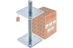 TRIBECCO Soporte vertical para postes ajustable (110 x 110 x 250 / rosca M 24), pie de soporte de altura ajustable, galvanizado, base de hormigón, para atornillar, regulable