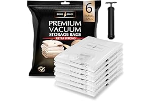 GENIE SPACE Sacs de Rangement Sous Vide Premium pour Vêtements, Linge et Voyage, Taille S 60×40 cm, Hermétiques, Réutilisables et Anti-Odeur, Gain de Place, Lot de 6 avec Pompe de Voyage