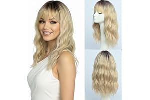 ‎SIMKAYLEE SIMKAYLEE Lange Blonde Perücke mit Pony für Frauen Mittellange Perücke mit Dunkler Wurzel Damen Natürliche Lange Gewellte Fransen Knall Perücken Hitzebeständige Haare für tägliche Party (40cm)
