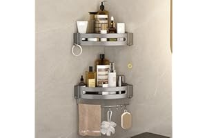 ALLILUYAA Półka prysznicowa bez wiercenia, narożna półka prysznicowa, akcesoria łazienkowe z 4 haczykami, aluminiowy regał prysznicowy, regał łazienkowy, bez wiercenia, do kuchni, łazienki, kosz