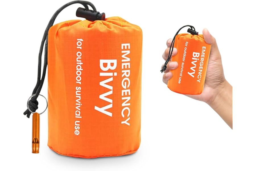 Portable Emergency Sleeping Bag: Reusable Survival Bivvy Sack, Lightweight Waterproof Emergency Rescue Blanket with Compass & Whistle Heat-Repellent, Cold Protection for Camping, Hiking - 1 pack