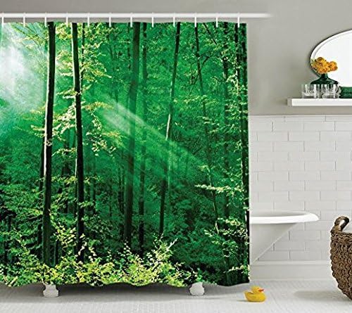 Farm House Decor Shower Curtain Set By Ormis, Sunlight Bursting Into The Forest Trees Foliage Misty Morning Serenity Picture, Bathroom Accessories, 72" x 72" ,Green White