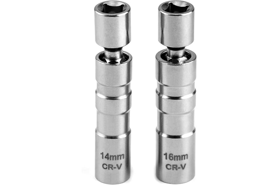 QWORK® 2Pcs Thin Wall Spark Plug Socket, 3/8 Inch 12-Point Universal Joint Magnetic Swivel Socket Removal Tool (14mm & 16mm)