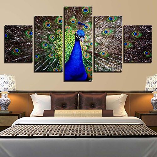 Include frame Canvas Paintings Home Decor Animal Pictures 5 Pieces Blue Peacock Flaunting Its Tail Posters Wall Art Framework For Living Room,size 1