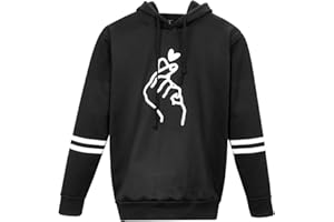 SIMYJOY Unisex Korean Finger Heart Hoodie K-pop Saranghae Love Sweatshirt Casual Style Pullover Striped Long Sleeve Jumpers Street Fashion for Men Women Teen