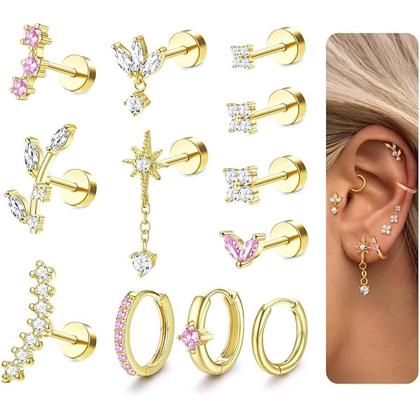 FUNEIA Set van 3 paar oorstekers voor dames, 14K verguld, watervaste oorbellen, 925 sterling zilver, hypoallergeen, klein, rond, zirkonia, hart, meerdere oorgaatjes, sieraden, L