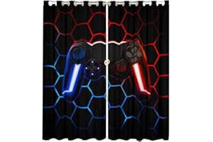 Homewish Gaming Boys Curtains for Bedroom 46"Wx54"L - Gamer Kids 30%-50% Blackout Drapes for Living Room, Gradient Red Blue Game Controller, Geometric Honeycomb Window Treatment