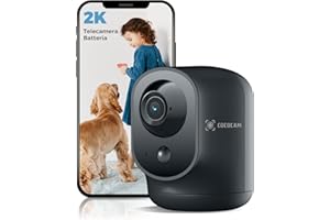 COCOCAM 2K Telecamera WIFI Interno Senza Fili con Batteria 5200mAh, 355°P 90°T Wireless per Baby Monitor per Animali Assistenza Agli Anziani, Riconoscimento AI, PIR Rilevamento Umano (1, nero)