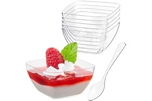 KAHEIGN 100 Pièces Gobelets à Dessert en Plastique avec Cuillères, 60ml Carré Coupes à Dessert Verrines Apéritif Parfait Clair Bol de Service Réutilisable avec Cuillères pour Pudding Mousse Party