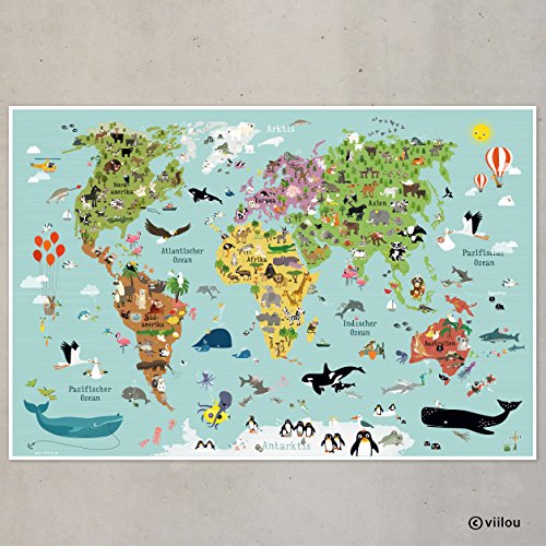 Illustrierte Weltkarte für Kinder mit vielen süßen Tieren XXL 120 x 80 cm Poster - 2