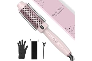 Tresses Touch Thermal Brush, Round Heated Hot Brush Blowout Boost Ionic, Curling Brushes for All Hair, 5 Temperature Settings, Universal Voltage for Travel, Dual PTC, Not for Blow Drying, Pink