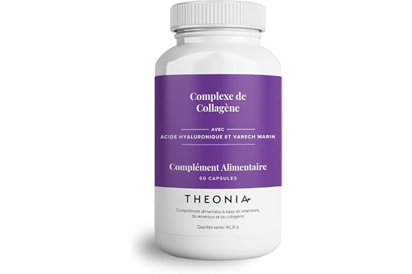 Complexe de collagène Theonia 60 capsules, acide hyaluronique et varech marin, vitamine E, C, biotine, ongles sains, peau, métabolisme des articulations des cheveux, supplément marin de type 1