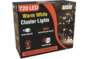 ANSIO Christmas Lights 720 LED 9m/29ft Cluster Christmas Tree Lights for Indoor & Outdoor Warm White Decorations Fairy Lights with Timer for Xmas Garden Bedroom & Party | Mains Powered Green Cable
