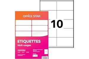 OFFICE STAR - 1000 Étiquettes Autocollantes Multi-Usages Blanches Personnalisables Imprimables - Format 105 x 57 mm - Impression Laset Jet d'Encre et Copieur