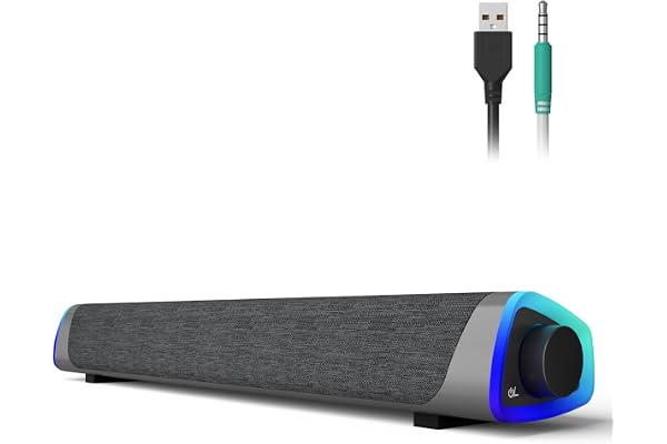 SOULION R30 Enceinte PC, Haut Parleur pour Ordinateur Alimenté par USB, 3.5mm AUX, LED colorées avec Bouton de Commutation, Barre de Son PC de pour Ordinateur Portable, Smartphone, Tablette