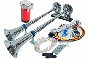 YIYIDA Car Horn Lufthupe Auto Hupe 175db Lautsprecher LKW Hupe Schiffshupe silbrig 24V hoher Ton und niedriger Ton Zink Chrom Doppelrohr rotem Kompressor Air Horn für 24V Auto Yacht LKW usw