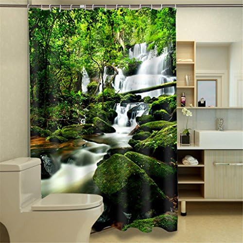 Rainforest Waterfall Decor Shower Curtain, Foliage Jungle Misty Mountains and Mossy Rocks View Print, Polyester Fabric Bathroom Set with Hooks , 150*180cm
