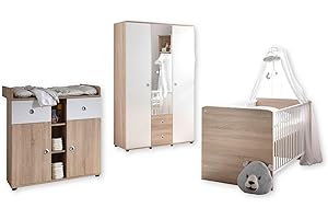 Stella Trading Wiki Babyzimmer Komplett-Set in Eiche Sonoma Optik/Weiß - Babyzimmer Möbel-Set 3-teilig bestehend aus Kleiderschrank, Babybett & Wickelkommode
