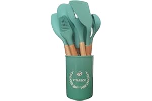 TINA&CO Juego de 12 Utensilios de Cocina de Silicona con Mango de Madera - Kit de Cocina Completo de Menaje, Antihaderente, Resistentes al calor y Duraderos (Verde)