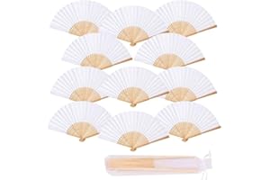 iZoeL 12 Wedding Fan + Organza Bags, Folding Hand Held fan Bamboo paper for Church Wedding Gift, Wall Decoration, Party Favor, DIY Wall, Vintage Fan (White)